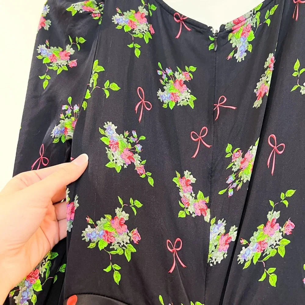 For Love & Lemons Black Satin Floral Bow Polka Dot Cutout Bodycon Midi Dress S - Picture 10 of 12